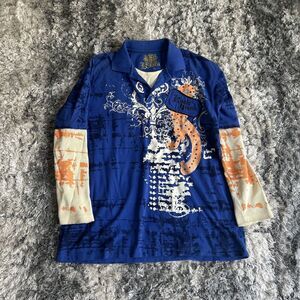 Vintage Men's Size XL X-Large Kaalu Affliction Style Long Sleeve Polo Y2K AOP